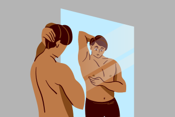 Animated male checking chest in mirror.